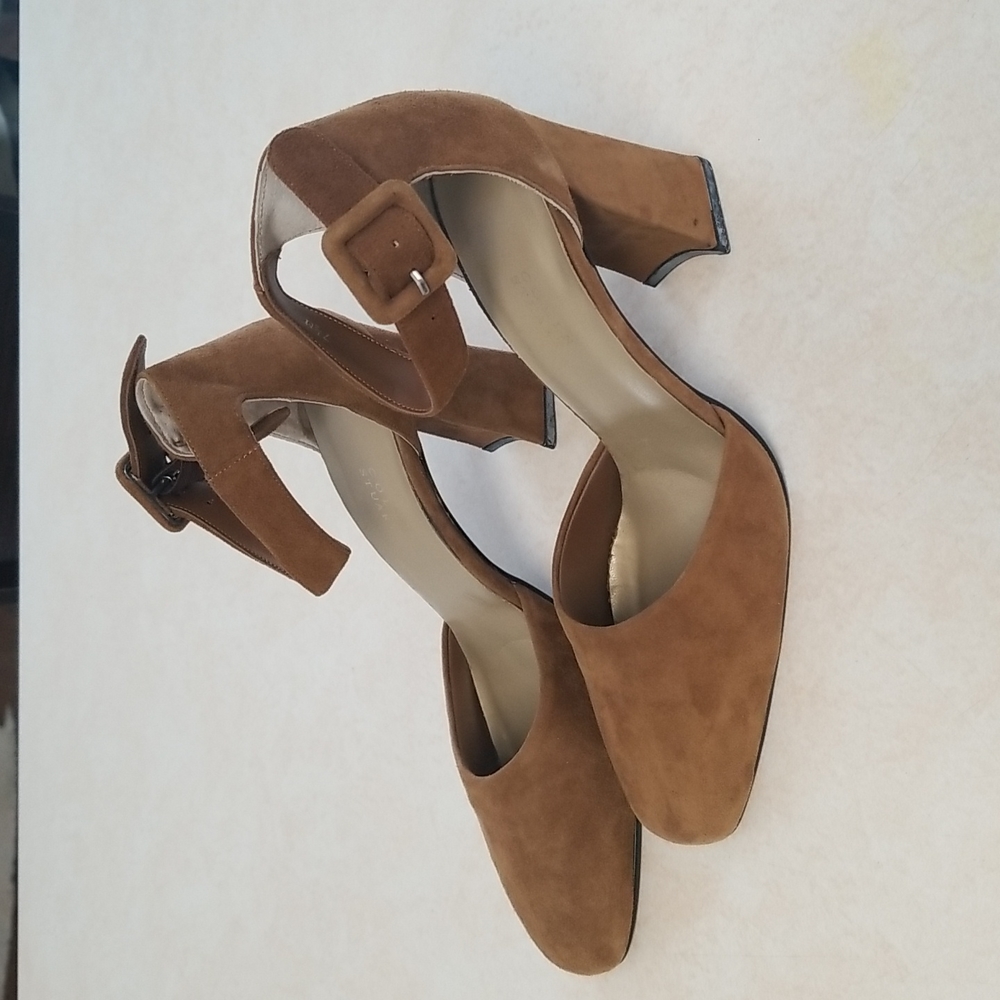 Colin Stuart Brown Suede Ankle Strap Block Heels NWOB Size 7.5 - Picture 2 of 13